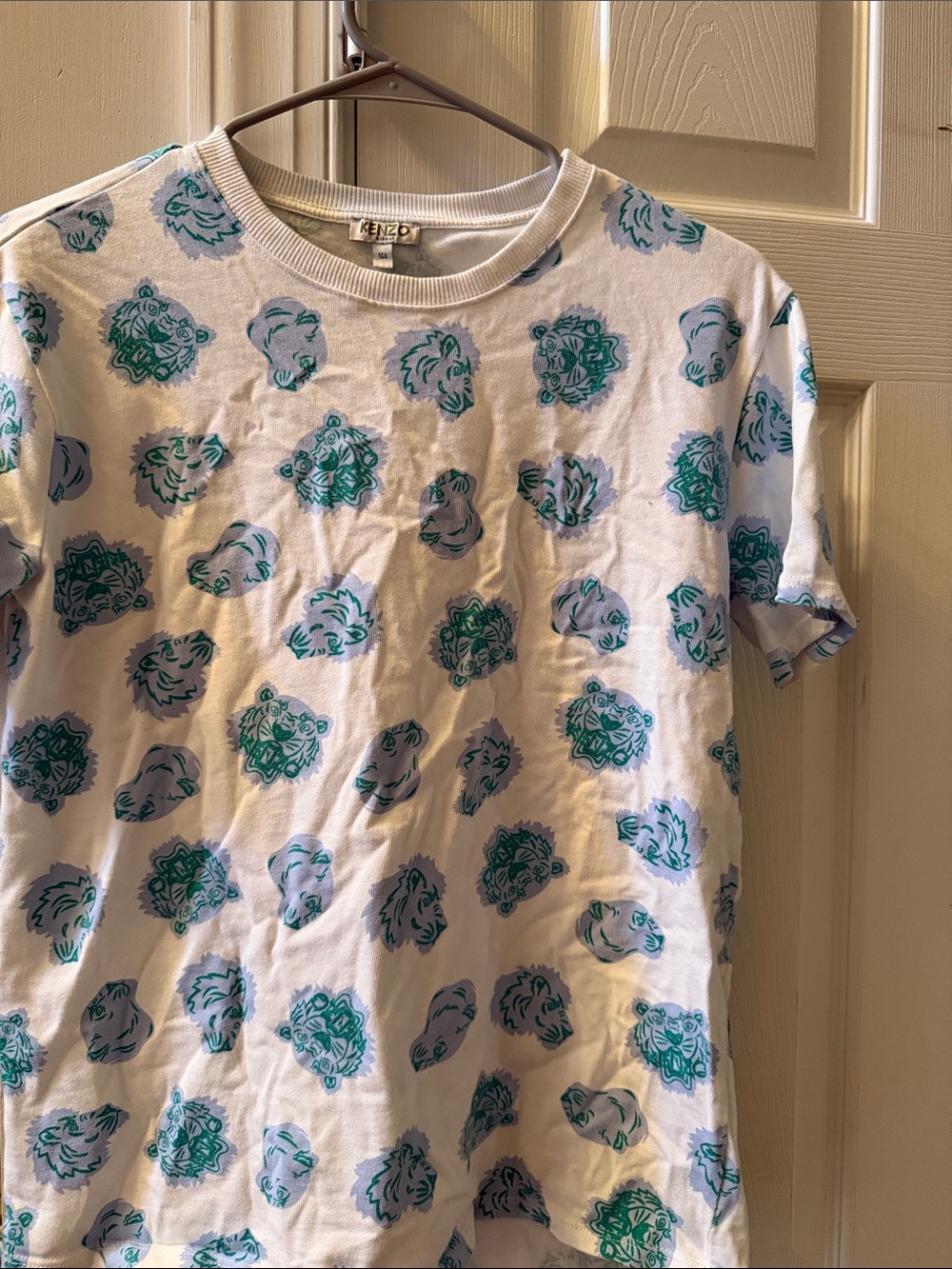 Kenzo White Tee with Teal Tiger Head Print